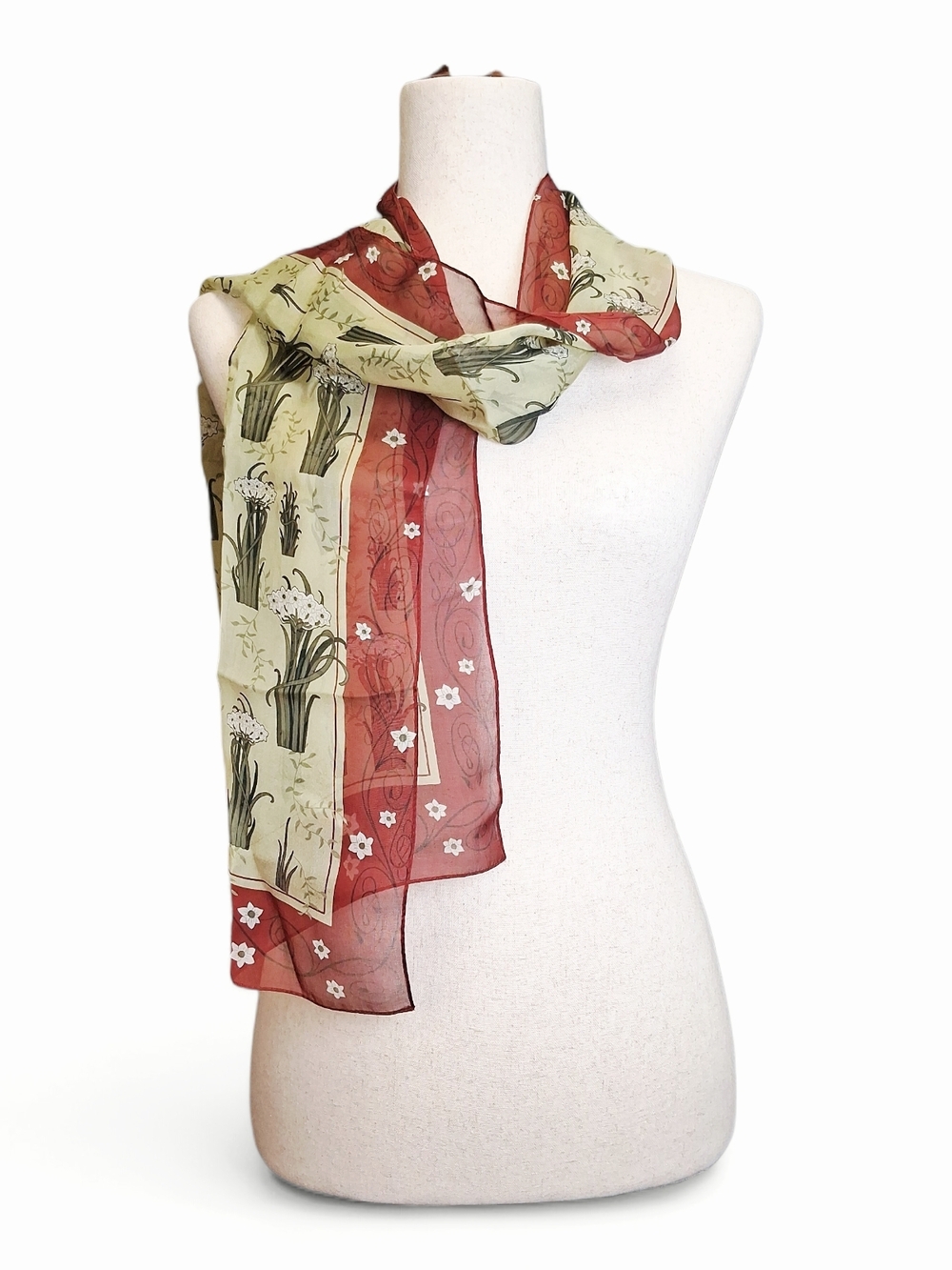 Women's Floral Jonquil Green Brown Silk Scarf 60" X 13"